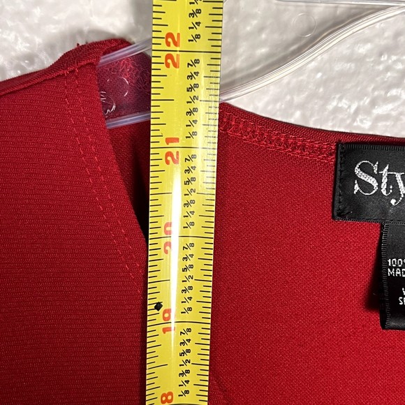 Style & Co Sz PS V-Neck Blouse Red 3/4 Sleeves Semi-Sheer Ruffles at Wrist - Picture 10 of 10